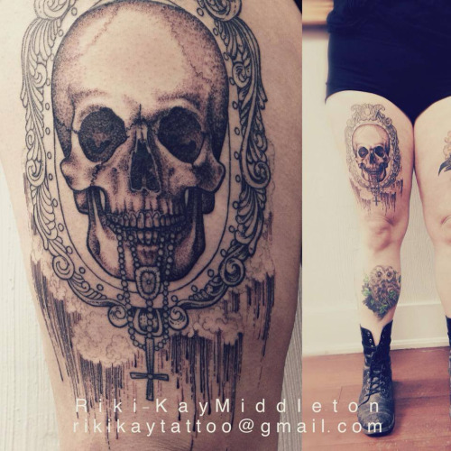 Black Ink Skull In Frame Tattoo On Thigh