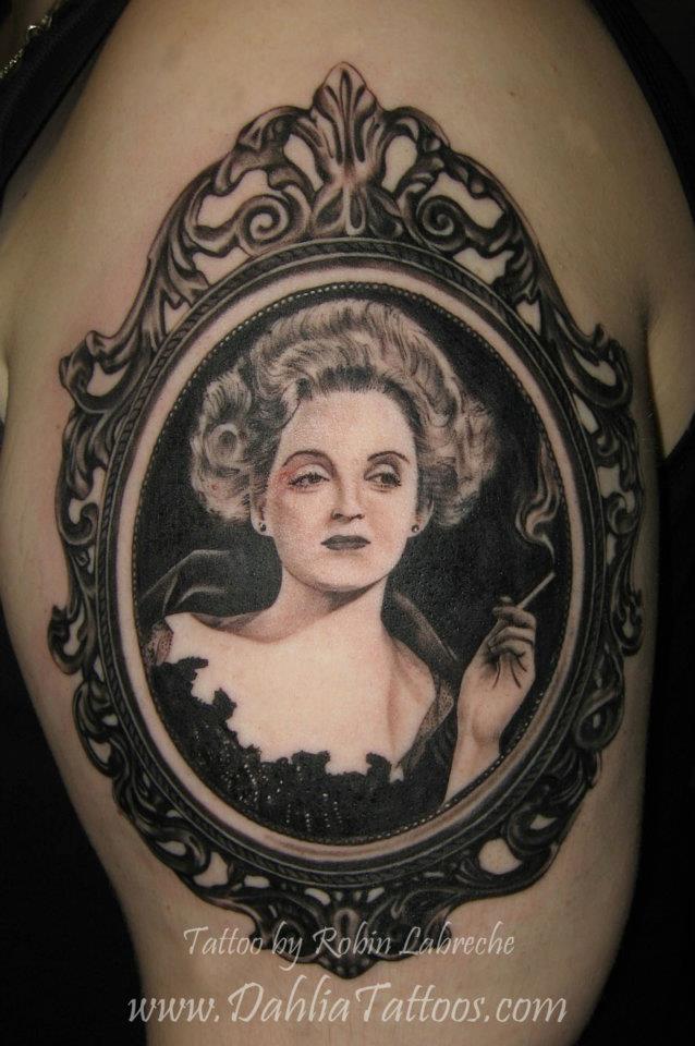 Black Ink Smoking Girl Portrait In Frame Tattoo On Left Half Sleeve