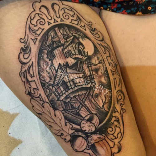Black Ink Tree House In Frame Tattoo On Thigh