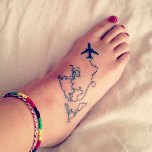 Black Outline Map With Airplane Tattoo On Girl Foot