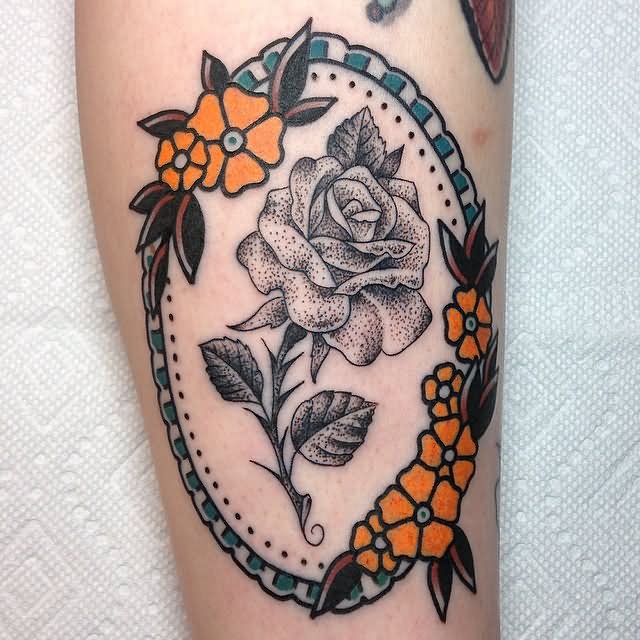 Black Rose In Flowers Frame Tattoo Design For Sleeve