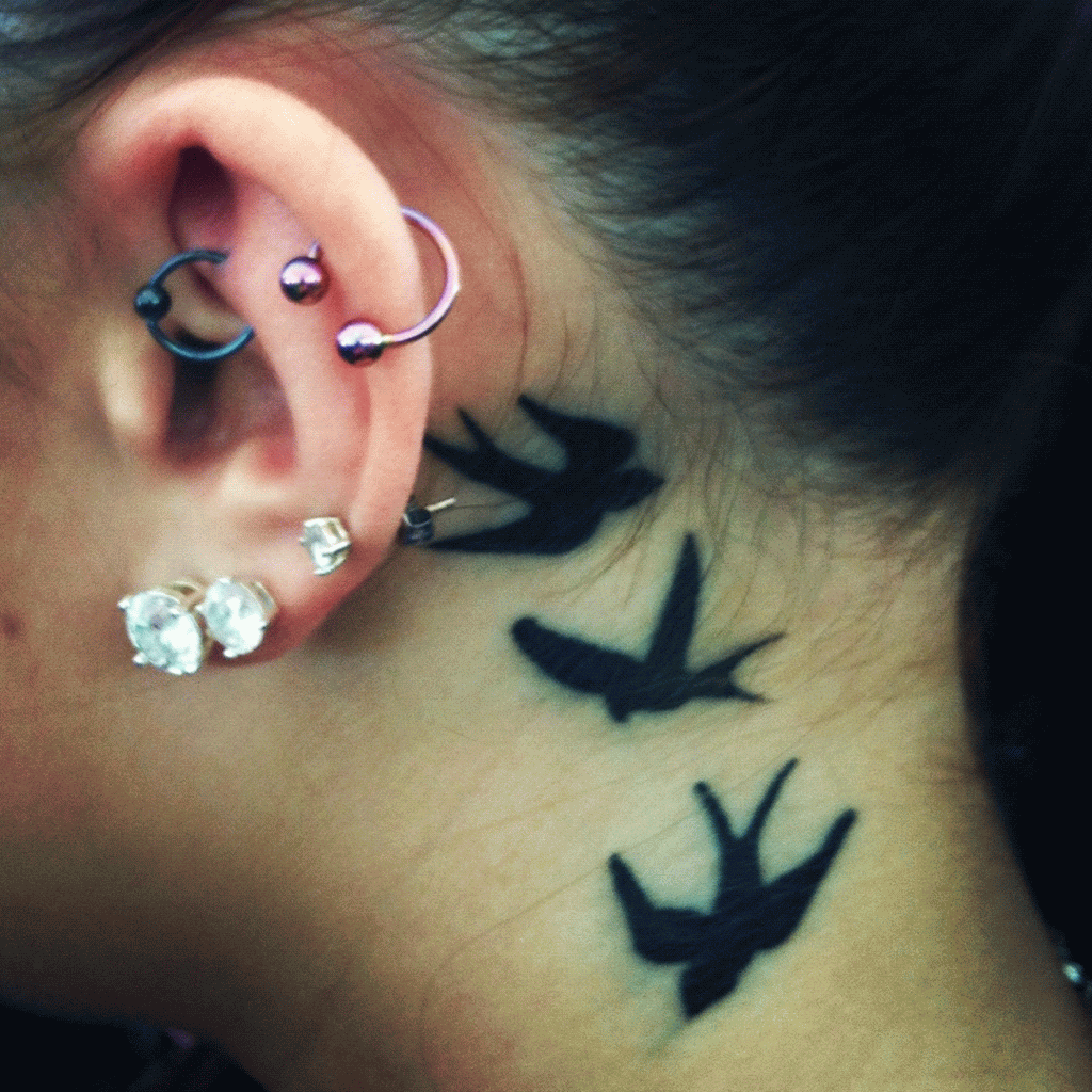 Black Three Birds Tattoo On Behind The Ear