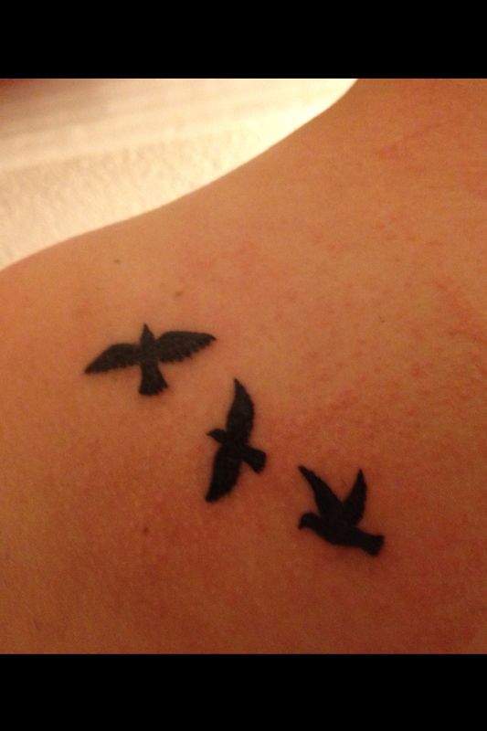Black Three Flying Birds Tattoo Design For Back Shoulder