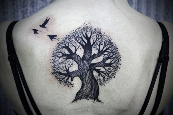 Black Tree With Flying Birds Tattoo On Upper Back