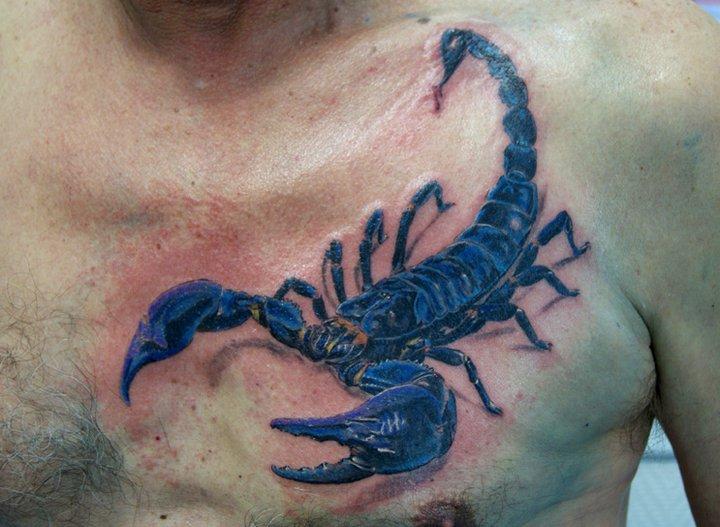 Blue And Black 3D Scorpion Tattoo On Man Chest