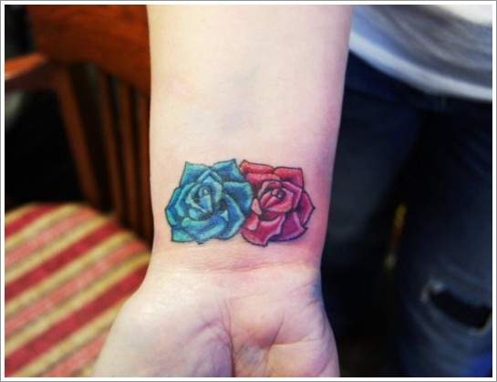 Blue And Red Rose Flowers Wrist Tattoos