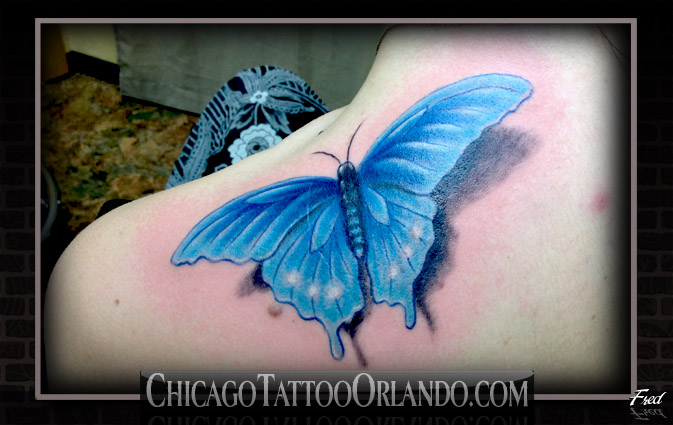 Blue Ink 3D Butterfly Tattoo Design For Back Shoulder