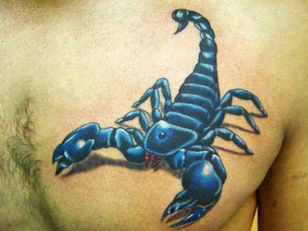 Blue Ink 3D Scorpion Tattoo On Man Chest