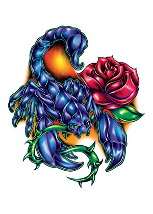 Blue Ink 3D Scorpion With Rose Tattoo Design