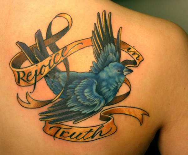 Blue Ink Bird With Banner Tattoo On Right Back Shoulder