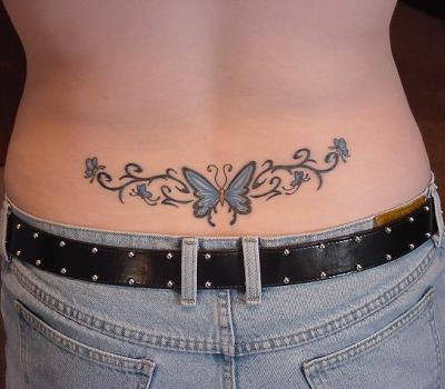 Blue Ink Butterfly Tattoo On Waist
