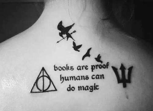 Books Are Proof Human Can Do Magic - Deathly Hallow With Trident And Flying Birds Tattoo On Upper Back