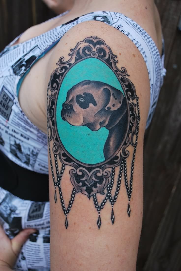 Bulldog In Frame Tattoo On Girl Left Shoulder