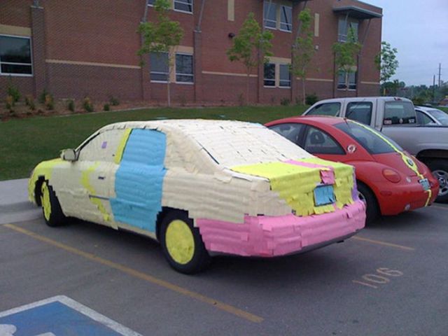 Car Covered With Colorful Paper April Fools Day Prank