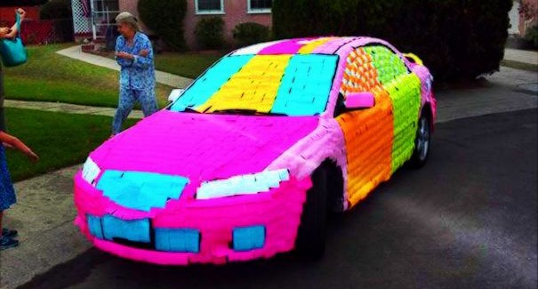 Car Covered With Neon Stickers April Fools Day Prank