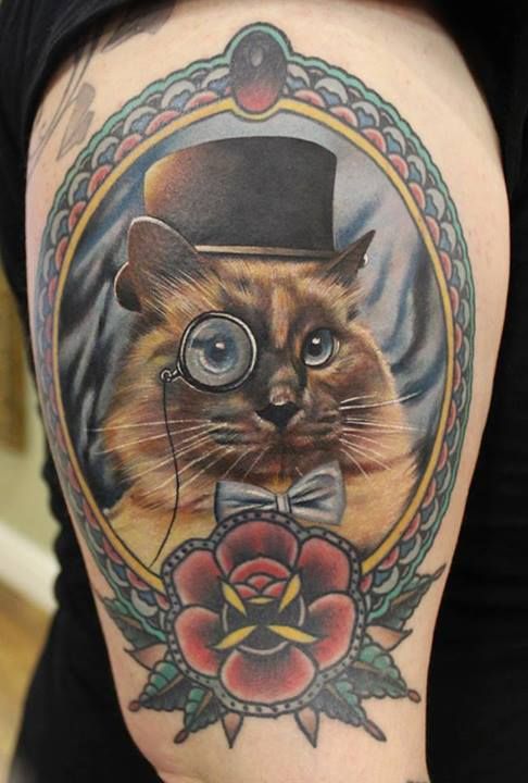 Cat In Frame With Rose Tattoo Design For Half Sleeve By Phatt German