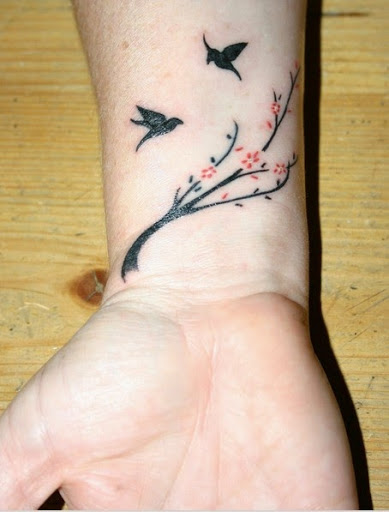Cherry Blossom Flowers And Flying Birds Tattoo On Wrist