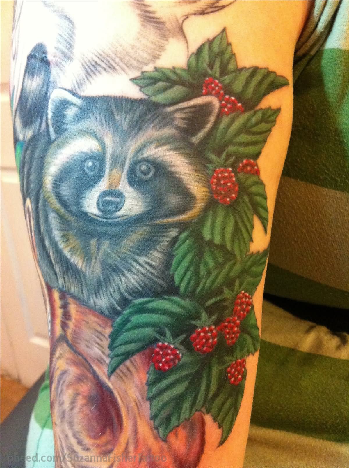 Cherry Fruits And Raccoon Tattoo On Sleeve