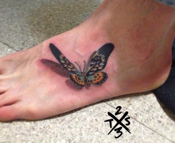 Classic 3D Butterfly Tattoo On Foot
