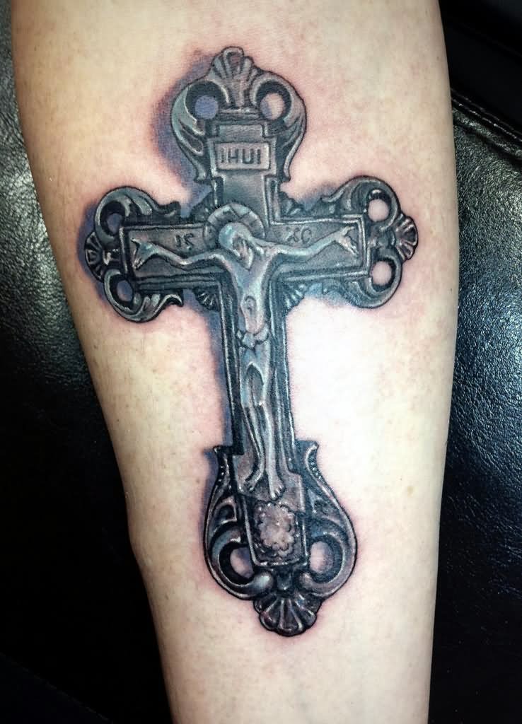 Classic 3D Jesus On Cross Tattoo Design For Arm
