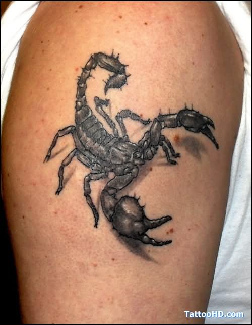 Classic Black And Grey 3D Scorpion Tattoo On Shoulder
