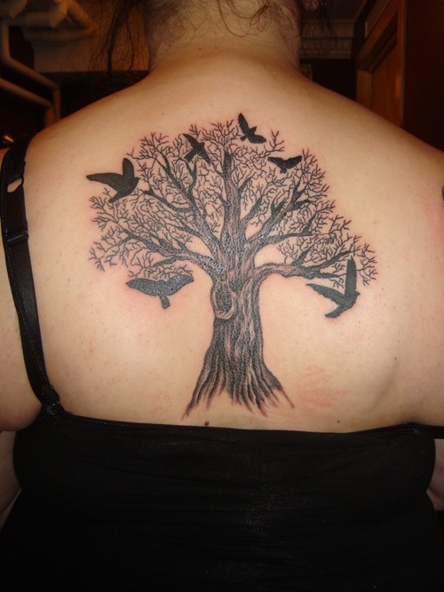 Classic Tree And Bird Tattoo