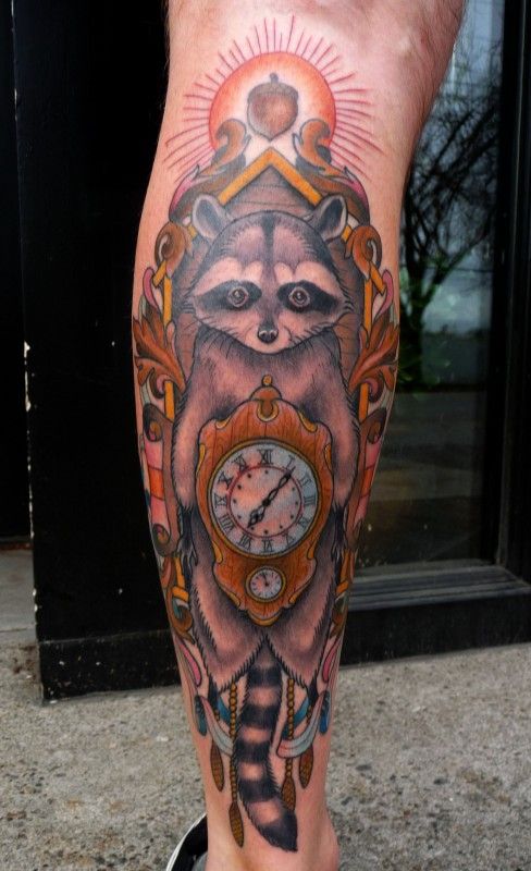 Color Ink Clock And Raccoon Tattoo On Leg