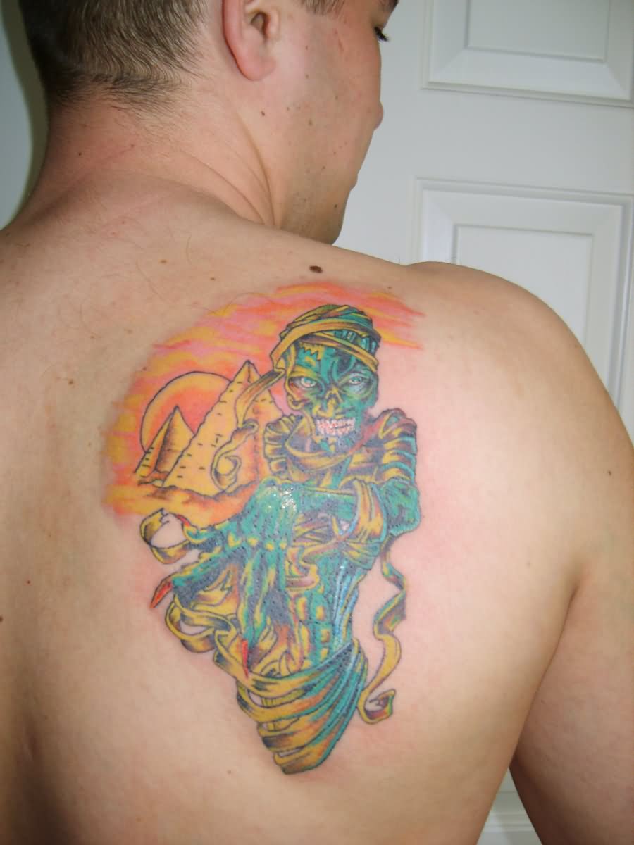 Color Ink Mummy Tattoo On Right Back Shoulder by Bunia115