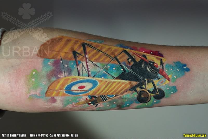 Colorful 3D Airplane Tattoo Design For Forearm