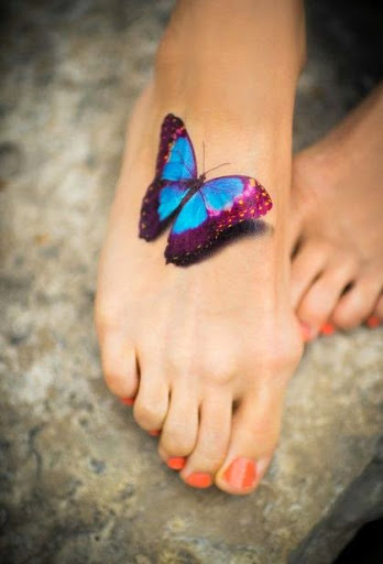 Colorful 3D Butterfly Tattoo On Girl Foot