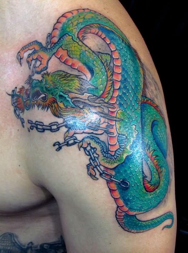 Colorful 3D Dragon Tattoo On Left Shoulder