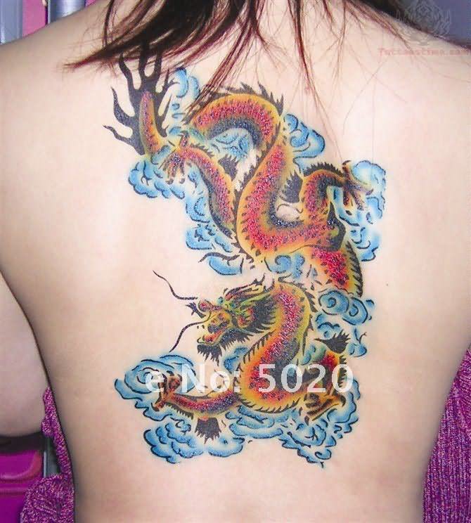 Colorful Airbrush Dragon Tattoo On Girl Back