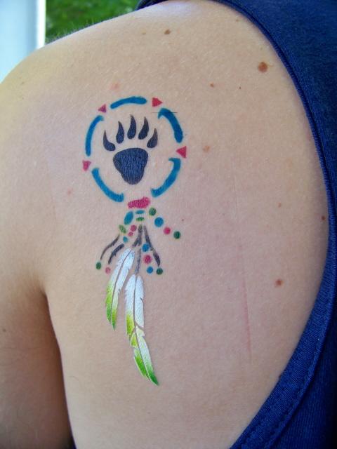 Colorful Airbrush Paw Print In Dream Catcher Tattoo On Left Back Shoulder
