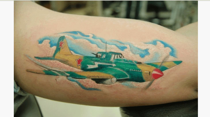 Colorful Airplane Tattoo Design For Bicep