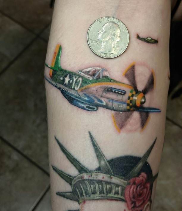 Colorful Airplane Tattoo Design For Forearm