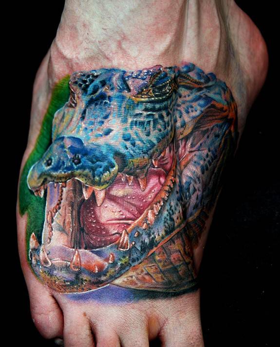 Colorful Alligator Tattoo On Foot