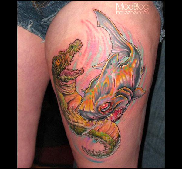 Colorful Alligator With  Shark Tattoo On Thigh