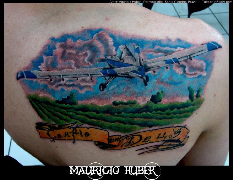 Colorful Flying Airplane With Banner Tattoo On Right Back Shoulder