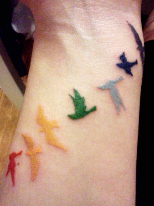 Colorful Flying Birds Tattoo On Wrist