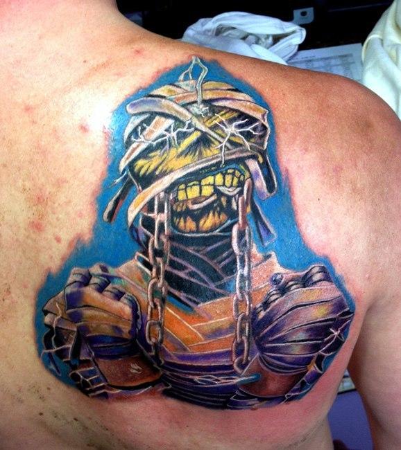 Colorful Iron Maiden Mummy Tattoo On Right Back Shoulder