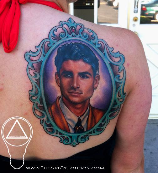 Colorful Man Head Tattoo On Right Back Shoulder