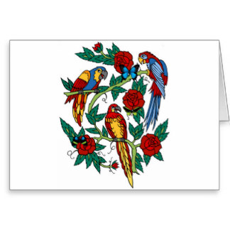 Colorful Parrots With Roses Tattoo Design