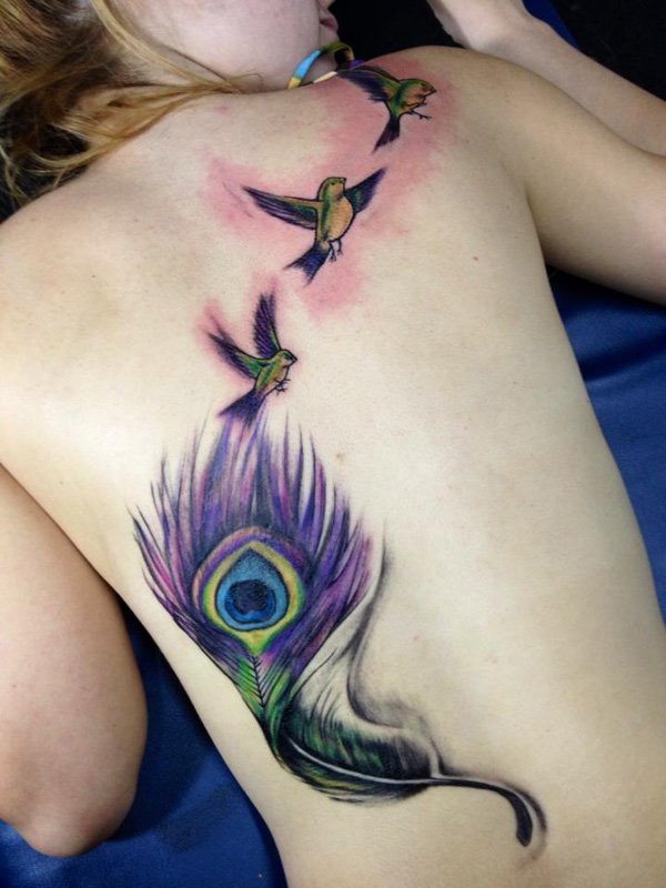Colorful Peacock Feather With Flying Birds Tattoo On Full Back