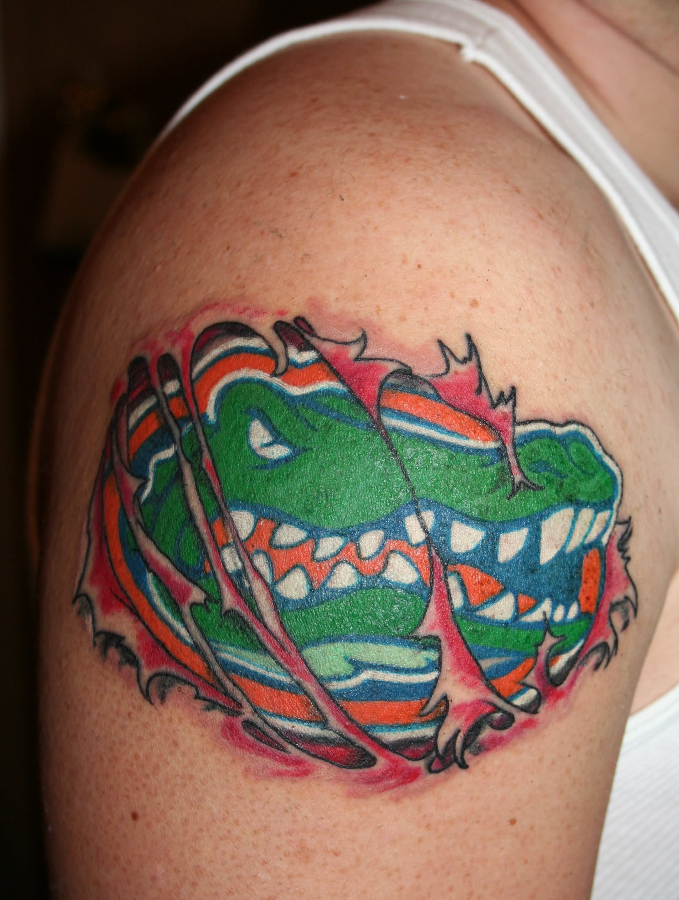 Colorful Ripped Skin Alligator Head Tattoo On Right Shoulder