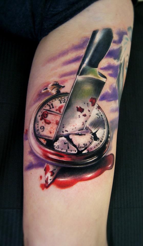 Cool 3D Knife In Pocket Watch Tattoo Design For Half Sleeve