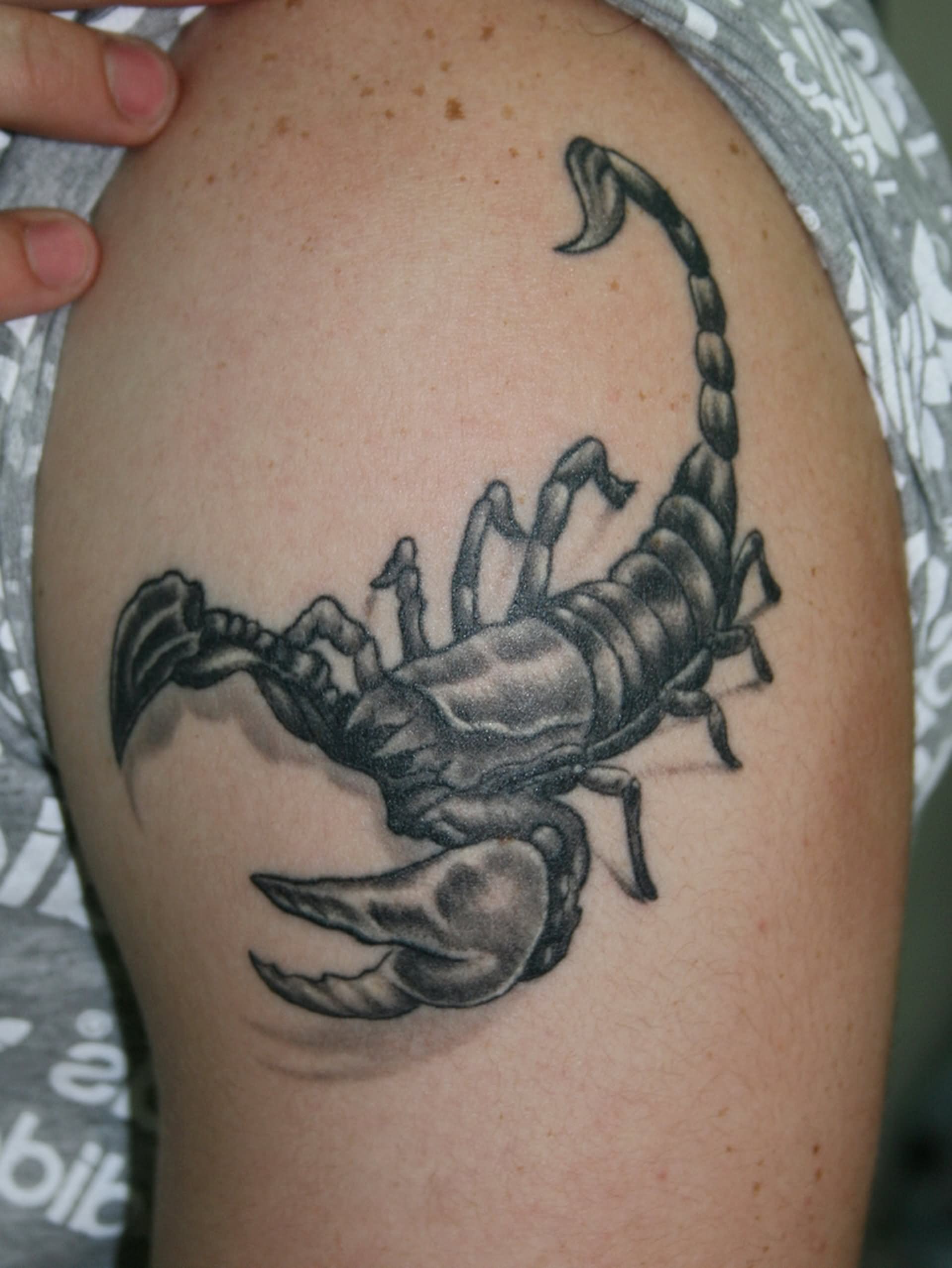 Cool Black And Grey 3D Scorpion Tattoo Design For Shoulder