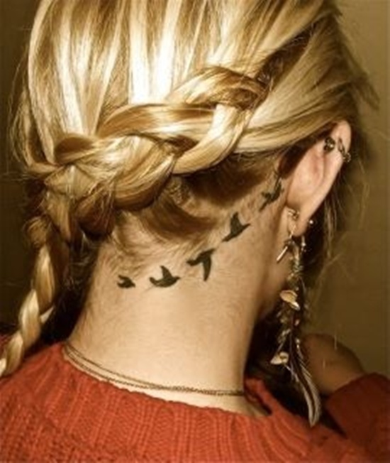 Cool Black Flying Birds Tattoo On Girl Back Neck