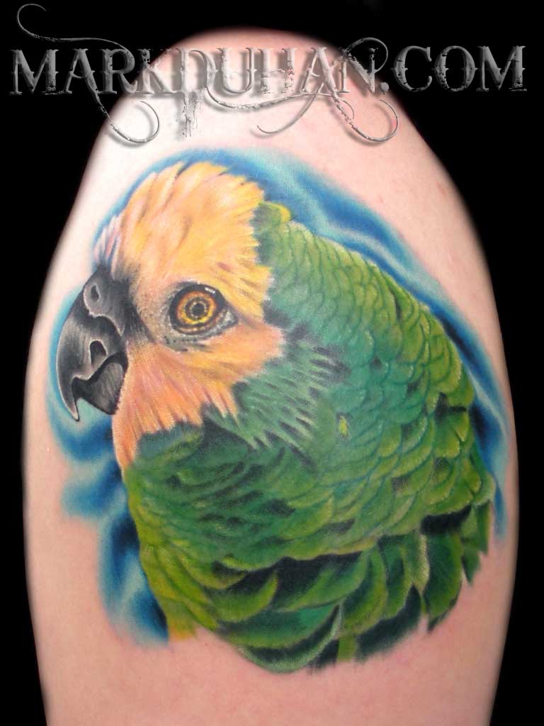 Cool Parrot Head Tattoo Design By Mark Duhan