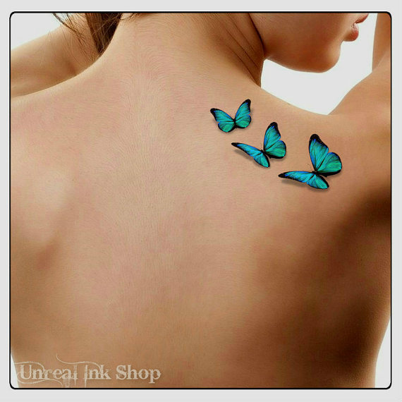 Cute 3D Butterflies Tattoo On Right Back Shoulder