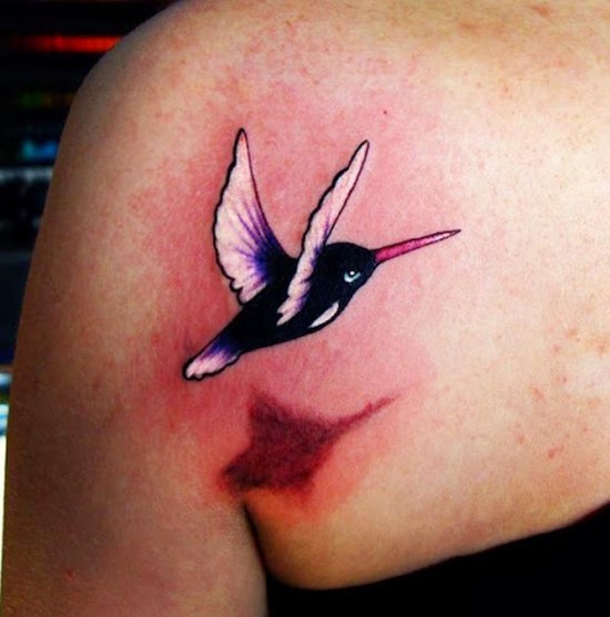 Cute 3D Flying Bird Tattoo On Left Back Shoulder